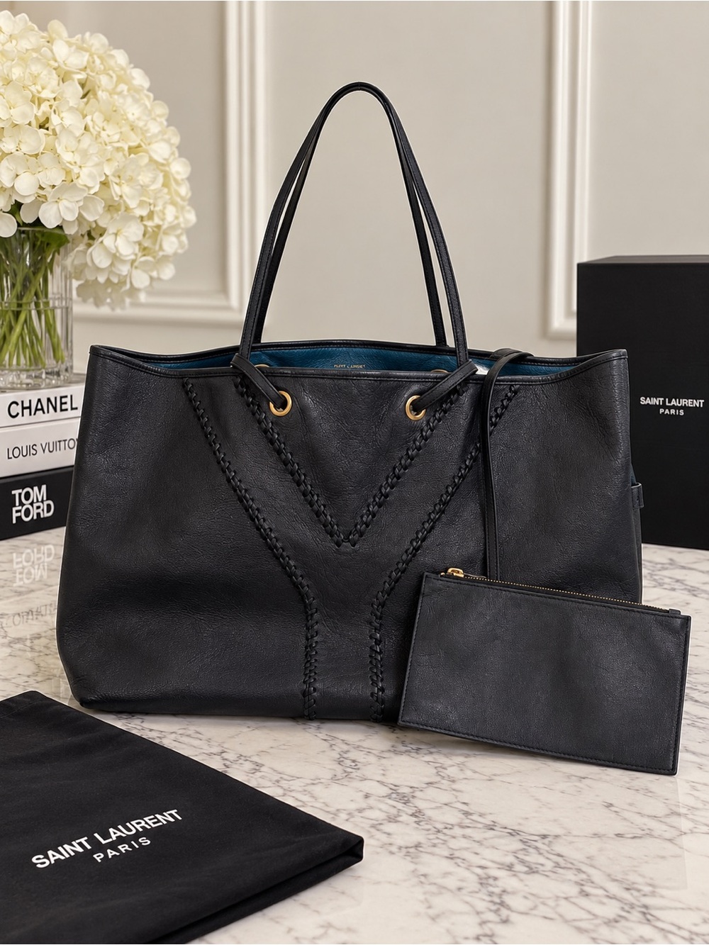 Saint Laurent YSL Reversible Leather Tote with Pouch – Navy / Royal Blue